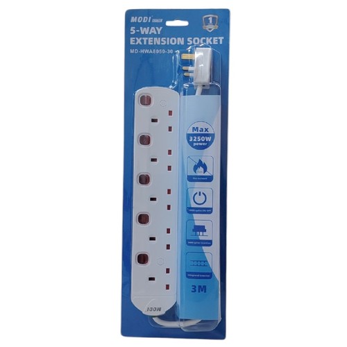 مقبس تمديد بخمسة اتجاهات (MD-HWA8050-30) 3M BO1199 - المواصفات الفنية: مقاومة العزل: 5 ميجا أوم الجهد المقنن: 250 فولت التيار المقنن: 13 أمبير كحد أقصى القدرة الكهربائية (بالواط): 3250 واط كحد أقصى مواصفات الكابل: PVC ثلاثي النواة × 1.0 مم القابس: المعيار البريطاني 1363