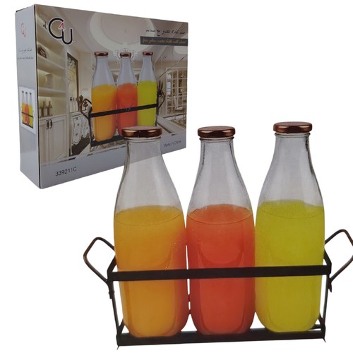 3 زجاجات مياه زجاجية مع حامل BO1203 - 3 زجاجات مقاس 9 × 16.5 سم، وحامل واحد مقاس 30 × 9.5 × 14 سم