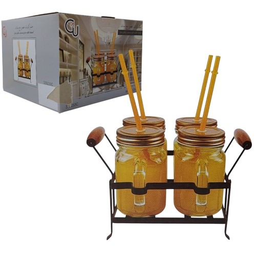 4 قطع  مرطبانات ماسون مع أغطية وماصات، مع حامل معدني BO1204 - ٤ برطمانات سعة ٤٥٠ مل علبة معدنية واحدة للحمل ١٨ × ١٥ سم