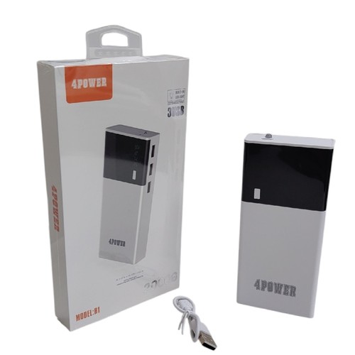 بنك الطاقة المحمول 4Power BO1340 - العلامة التجارية: فور باور الموديل: H1 السعة: 20000 مللي أمبير/ساعة المنافذ: 3 منافذ USB التصميم: هيكل أبيض مزود بإضاءة مدمجة.