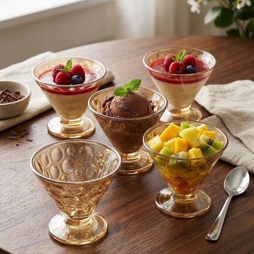 6 كاسات تقديم آيس كريم زجاجية ذات لون ذهبي وتصميم منقوش.BH244