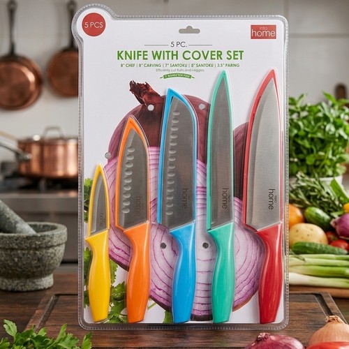 5 قطع طقم سكاكين Home Basics  مع أغطية ملونة لحماية الشفرات.NY-CS1572