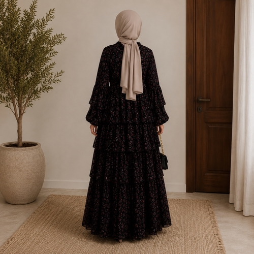 فستان أسود بنقشة الزهور الحمراء BO1640