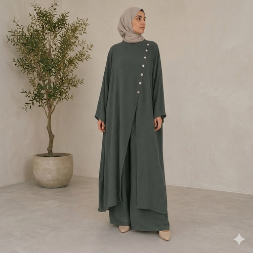 عباية نسائية من قطعتين قميص طويل بأزرار جانبية مع بنطلون واسع الساق BO1645