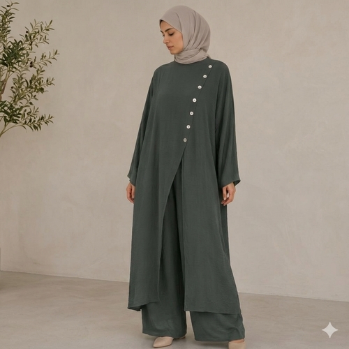 عباية نسائية من قطعتين قميص طويل بأزرار جانبية مع بنطلون واسع الساق BO1645