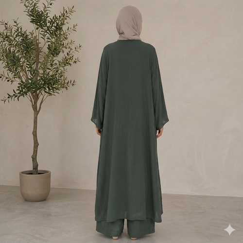 عباية نسائية من قطعتين قميص طويل بأزرار جانبية مع بنطلون واسع الساق BO1645