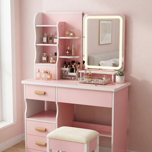 Pink and white wooden decorative table (style), featuring a sliding mirror and a padded chair includ
