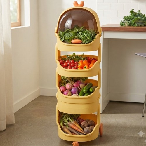 4 Layer Yellow Plastic Storage Cart with Fun Design Suitable for Kitchen or Children's Rooms.NY-SH19