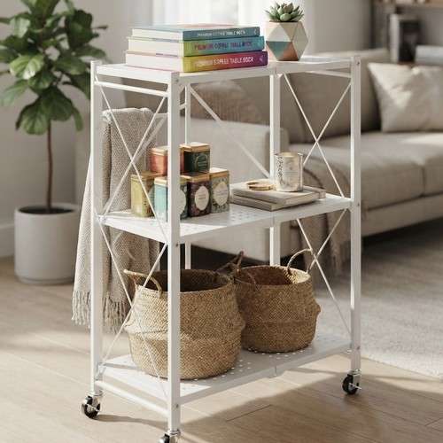 White Folding Metal Storage Shelf Equipped with NY-ZK358 Wheels
