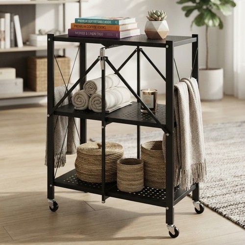 Folding Black Metal Storage Shelf Equipped with NY-ZK359 Wheels