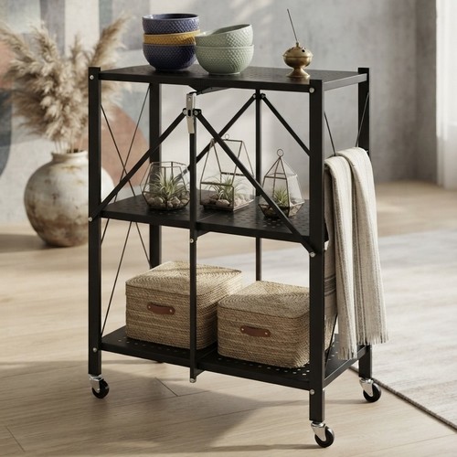 Folding Black Metal Storage Shelf Equipped with NY-ZK359 Wheels