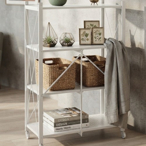 White Folding Metal Storage Shelf Equipped With NY-ZK361 Wheels