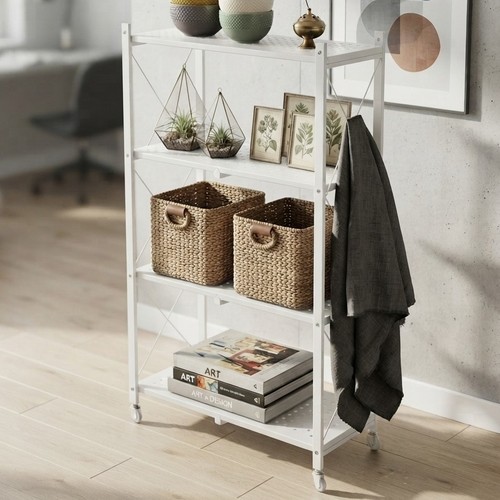 White Folding Metal Storage Shelf Equipped With NY-ZK361 Wheels