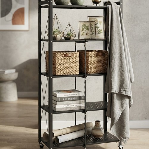 Folding Black Metal Storage Shelf with NY-ZK362 Wheels.