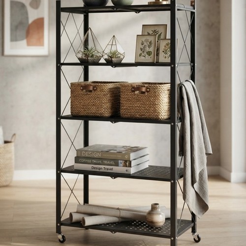 Folding Black Metal Storage Shelf with NY-ZK362 Wheels.