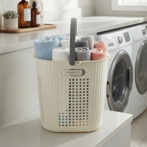 White plastic storage basket with perforated design and NY-SH517 handles white
