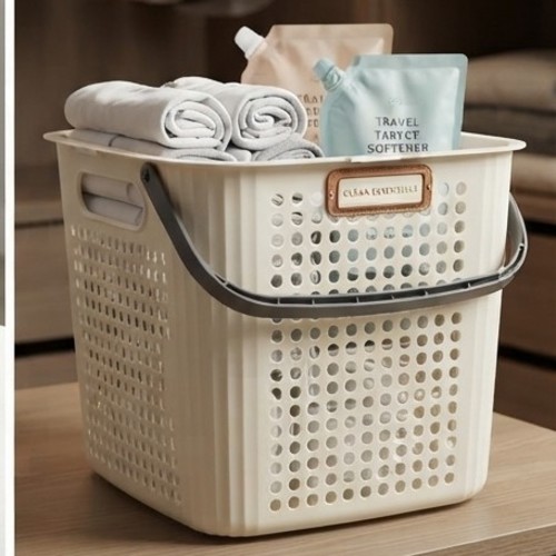 White plastic storage basket with perforated design and NY-SH517 handles white