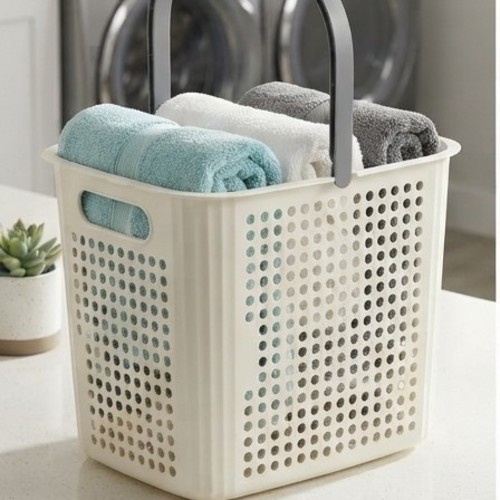 White plastic storage basket with perforated design and NY-SH517 handles white