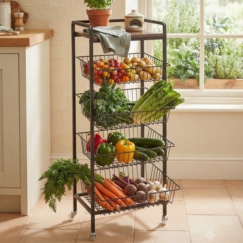 4-layer metal fruit and vegetable storage cart with wooden top shelf NY-SH576
