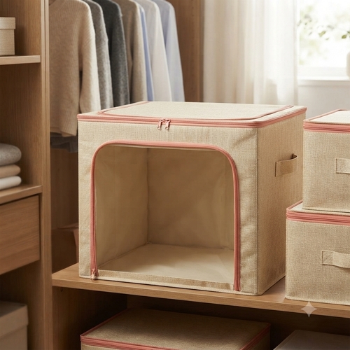 Linen-like fabric storage box with a transparent window (beige color) NY-SH618