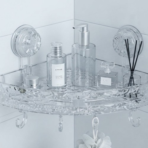 Transparent corner shelf with ice pattern design and suction cup mounting system NY-ON671
