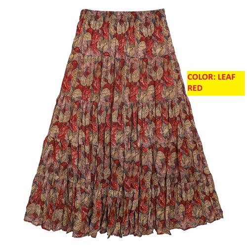 PLEATED FLORAL SKIRT / WD-0053 - Pleated Floral Skirt for Women Color: Leaf Red Size: Large
