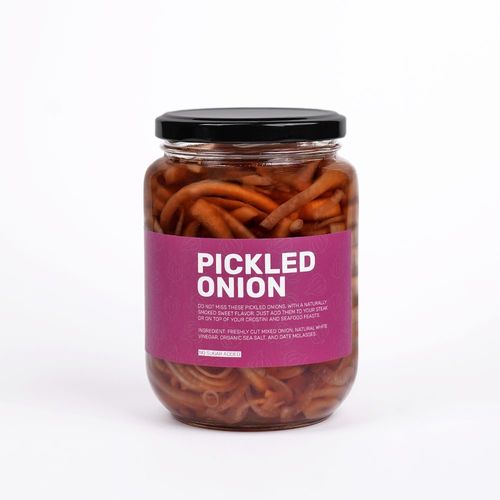 PICKLED MIXED ONION - DO NOT MISS THESE PICKLED ONIOND. WITH A NATURALLY SMOKED SWEET FLAVOR. JUST ADD THEM TO YOUR STEAK OR TOP OF YOUR CROSTINI AND SEAFOOD FEASTS 
 INGREDIENT: FRESHLY CUT MIXED ONION, NATURAL WHITE VINEGAR, ORGANIC SEA SALT, AND DATE MOLASSES 
 NO SUGAR ADDED