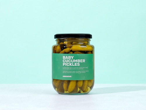 Baby Cucumber Pickles - Kuwait - Baby cucumber pickles
Ingredients: Kuwaiti baby cucumber, natural vinegar, sea salt, mustard seeds, garlic, chili pepper.
 A yummy addition to your daily dishes and salads can be consumed alone as an appetizer.
 No Added Sugar