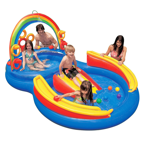 RAINBOW RING PLAY CENTER - Kids rainbow pool is a wonderful inflatable swimming pools with water sprinkler, easy to put on the garden pump to keep your kids all summer really fresh to entertain your kids, provides a small water pool. (Free installation service) the size : The length is 297 cm Width 193 cm Height of 135 cm