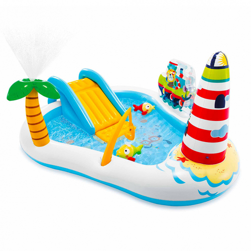 FISHING FUN PLAY CENTER - The Intex Fun Fishing Play Center includes a colorful, fun-to-play bathing slope with palms, a fishing rod and many other toys to play with for your kids' enjoyment, and it is made entirely of hypoallergenic materials to ensure complete safety. Equipped with a water fountain (Free installation service) the size : Length 218 cm Width 188 cm 99 cm high