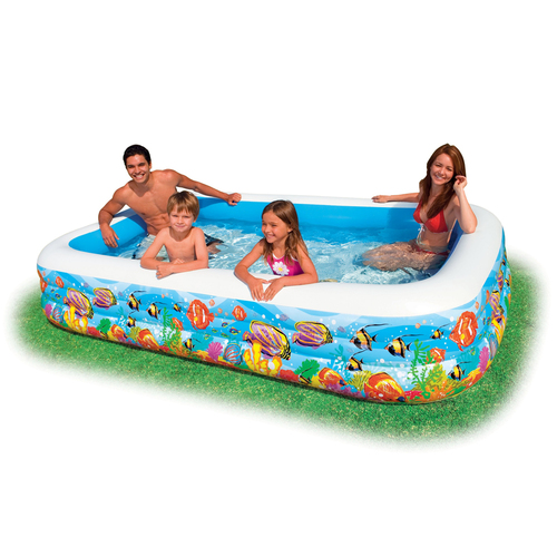 Beet Al3abna - SEALIFE SWIM CENTER™ - Intex has always been a leading name in the world of games and inflatable pools. Intex brings you the latest in family pool from Intex Swim Center Tropical Reef. It is a bright rectangular pool, perfect for your small pool party. The swimming pool is of a standard height so that you can let your children play inside without worry. A suitable and colorful inflatable pool decorated with the theme of the underwater world: on the outside walls depict fish, algae, corals, etc., and the coral reef design looks great. Besides, the sidewalls and bottom are made of good material that makes the pool very durable. The family swimming pool has a volume of 1000 liters and can accommodate not only baby showers, but also parents. (Free installation service) the size : The length is 305 cm Width 183 cm The height is 56 cm