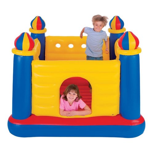 Intex Jump O Lene Castle Inflatable Bouncer - Soft inflatable floor and high walls provide a safe bouncing platform The four-tower castle is great for children's imaginations Hours of playtime, avoid the area with sharp objects and debris before setting. Children should remove shoes, belts, jewelry, watches, keys, hairpins, and all other sharp objects Maximum Weight 120 lbs - 2 Kids Max Intex's Bouncy Jump-O-Lene Ball Pit Castle is the perfect place for your kids to burn off all that extra energy The size is 175 x 175 x 110 cm