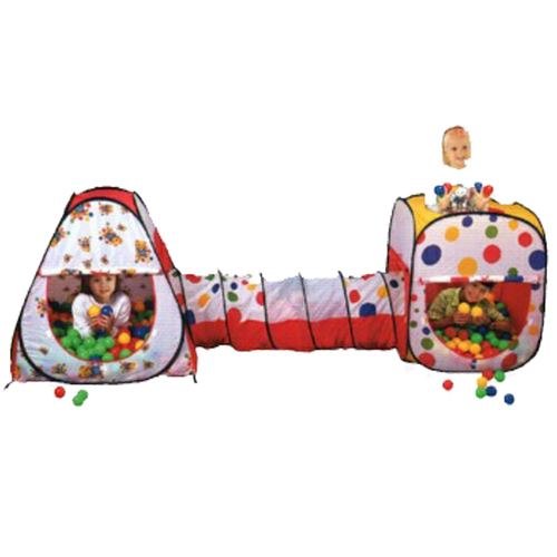 Two tents with a tunnel - Two tents with a tunnel With 200 balls 
 Suitable room 
 You don't need a big place 
 The child has fun with the tent full of balls The impression of joy and pleasure 
 A mixture of ancient and modern times 
 The size is approximately 250 cm x 60 cm height 60 cm