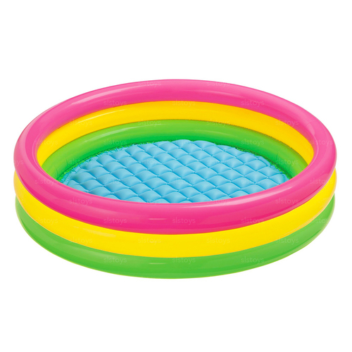 Sunset Glow Pool - Brand Intex Colour Multicolor Item weight 1.6 Kilograms Item dimensions x 25 cm114 centimeters Age range (description) Baby About this item Comfortable to wade in and appealing to the eye, the Intex Sunset Glow Baby Pool offers refreshing fun without being an eyesore in your yard. A quilt-like pool bottom softens your Baby's swim and inflatable ring sides eliminate bumps and bruises. This material has been tested and certified safe for children, so your mind can be at ease knowing that harmful chemicals won't be leaching into your child's pool water. Not only will this Sunset Glow Baby Pool bring all smiles, but imagine the fun photos you'll be able to add to your photo album after a summer of splashing