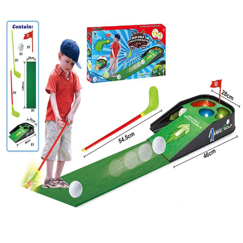 Golf course - Mini golf course. Adults and children can play. It is important to relax while working and studying. It can also improve the feeling among parents and children. 
 2. Is it interesting for the sticks to shine, hit the sound of the ball, light the table, and hit the main hole with music? Made of high quality plastic, non-toxic, friendly and durable. Tested safe for children to use. 
 3. The specific sound effect can attract children's attention, help with hand-eye coordination, and build good motor skill, suitable for children over 5 years old.4. Electric golf platform (9 AG13 batteries in sound and vibrating light package). Accessories: 3 golf balls, 2 paddles, 1 flag, 1 floor mat and a stand. 
 5. The mini golf set can be set up in a short time, making it ideal for indoor or outdoor use. It will be a great gift for your children.