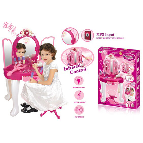 Hairstyle princesses - Woopie's interactive pink princess hairstyle is the perfect gift for 3-year-olds. This comprehensive makeup and hairstyle kit will please every owner. With the help of a pink wand-shaped remote control that communicates with the dressing table via infrared, you can remotely turn the music on and off with the light. The included battery powered hair dryer will help you create amazing hairstyles and take them into the world of little models. The game can be used as an addition to the beauty salon for little girls in rooms. 
 Characteristic: 
 - Pink interactive dressing table light sound - The set includes a dressing table and 20 accessories (including: bench chair, hair dryer, remote control / wand, bracelets and necklace of purple pink beads, lipstick, nail polishes, comb, rings and hair bands). 
 - A game for children from 3 years old. 
 Powered by 3xAA (dressing table) and 2xAA (dryer) batteries 
 - Batteries are not included. 
 - You can connect the vanity remote control via infrared to turn on and off the sound and light remotely. 
 - Dressing table has the ability to connect MP3 devices to listen to your favorite songs while designing.