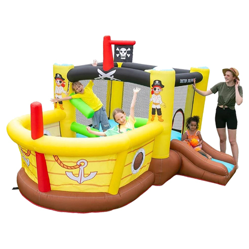 pirate ship - pirate ship: Let your child experience the fun of riding a pirate ship. On this pirate ship, the boy is a pirate member. Come and let the kids sail together 
 Mesh wall: Surrounded by a safety net to protect your children from falling while jumping. So parents don't have to worry about their kids falling out. 
 Ball pit: The ball pit can bring more fun to children. They can play in the ball pit and play with friends. The ball pit can accommodate 2 to 4 children to play together at the same time. 
 Obstacle: Before entering the ball pit, there are three horizontal columns as obstacles, and children can only reach the ball pit in the lane after crossing the obstacles. Add the fun of rushing through the levels for kids. 
 Slide for Fun: The brightly colored inflatable slide adds more fun and excitement. Your kids must have fun