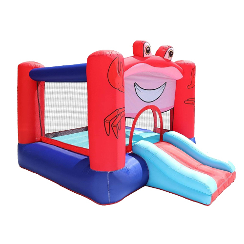 Crab Castle - Crab Castle Inflatable with slide is your kids' favorite game to play in the yard and have a birthday party with family. STURDY AND DURABLE QUALITY: The bouncy castle with slide uses double seam stitching with durable 420D nylon fabric and PVC tarpaulin, and more reinforcement fabric is used for the bounce area and sliding surface to prevent tearing at the seams. ★ Well Stitched & Slight Air Leak: All seams of the bouncy castle with slide are well stitched with holes to prevent little air leakage from the seams and keep it fully inflated when playing. ★ EASY TO SETUP AND STORE WITH LOW SOUND BLOWER: The inflatable slide castle comes with a heavy duty blower and a low sound blower, only takes 2 minutes to inflate, keep the blower on while playing. Size: 270 x 210 x 186 cm