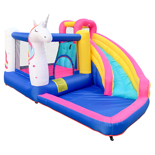 Bouncy unicorn - Unicorn Oxford Fabric UNIQUE DESIGN: Our fresh unicorn themed design will be a hit at any little girl's party. Unlike the regular and traditional boring bounce houses, our jumping house for kids has multiple uses and is guaranteed to keep things interesting and not make your kids bored! A HUGE HIT FOR KIDS PARTIES: Our giant unicorn inflatable bounce house comes with a built-in trampoline and a slide that goes right into a built-in pool to keep kids cool! Keep your little guests entertained for hours and hours! Bounce house for children from 5 to 12 years old. SUPPORTS MANY KIDS: Once inflated, the large unicorn bounce house can hold up to 200 pounds while kids bounce around Size: 210 x 330 x 280 cm