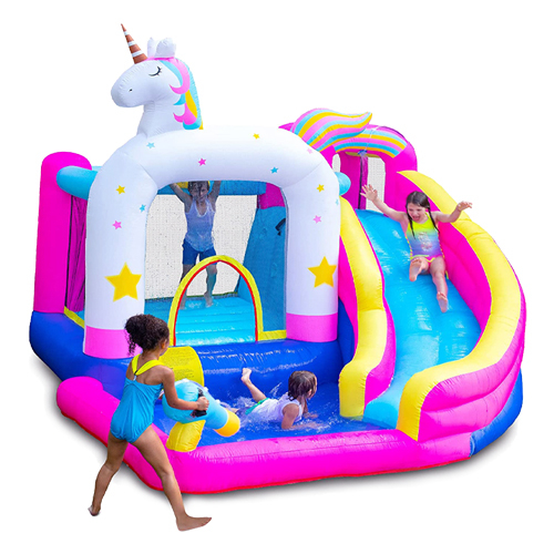 Bouncy unicorn with water - UNIQUE DESIGN: Our fresh unicorn themed design will be a hit at any little girl's party. Unlike the regular and traditional boring bounce houses, our jumping house for kids has multiple uses and is guaranteed to keep things interesting and not make your kids bored! A HUGE HIT FOR KIDS PARTIES: Our giant unicorn inflatable bounce house comes with a built-in trampoline and a slide that goes right into a built-in pool to keep kids cool! Keep your little guests entertained for hours and hours! Bounce house for children from 5 to 12 years old. SUPPORTS MANY KIDS: Once inflated, the large unicorn bounce house can hold up to 200 pounds while kids bounce! Our jump house is usage tested! Dimensions: 6.6ft (W) x 10.5ft (L) x 12ft (H).