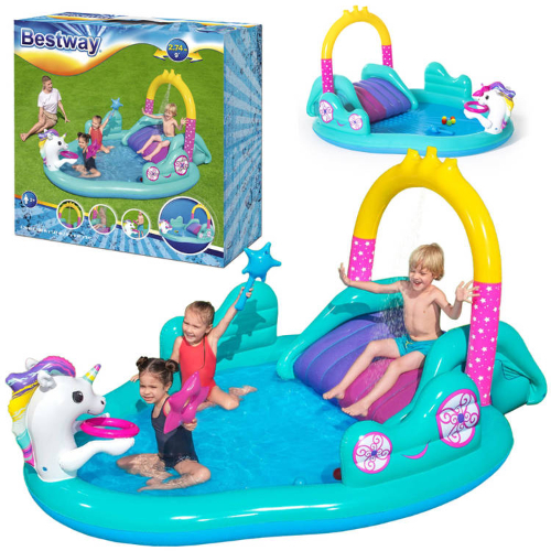 Unicorn pool - Unicorn design enhances children's imagination Double slide enables two children to play at the same time Water spray provides nice, beautiful splashes Balls can be thrown into the ring Stars can be shot on the unicorn's horn Water capacity: 220 liters (58 gal.) Contents: Play pool, double slide, inflatable star ring, magic wand, 6 play balls and repair patch the description: Kids will have a fun day in the sun with the Bestway Unicorn Playard! Play on the slide or have fun in the water all day long. A fun addition is the dual slide that allows two children to play at the same time. For even more fun, you can connect a garden hose so the kids can have a water-filled play experience! Children can play and enjoy the imaginary playground with the magic wand. Size: 274 x 178 x 137 cm