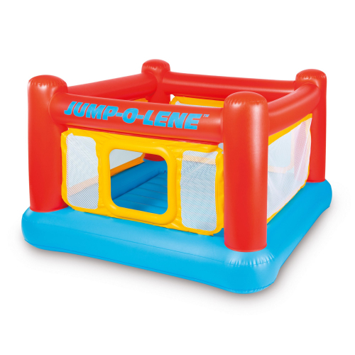 Jump-O-Lene Playhouse Bouncer - The Playhouse Jump-O-Lene has an inflated base size of approximately 68.5in (174cm) x 68.5in (174cm). The overall height from the floor is 44in (112cm). It has a soft inflatable floor and high walls to provide a safe bouncing platform. The sides have reinforced net inserts so you can keep an eye on the children as the play. Recommended for children ages 3 to 6 years old. Maximum 120 lb. weight capacity (2 children maximum). Please note that Intex do not supply an inflator pump with this item but one can be purchased separately if required.