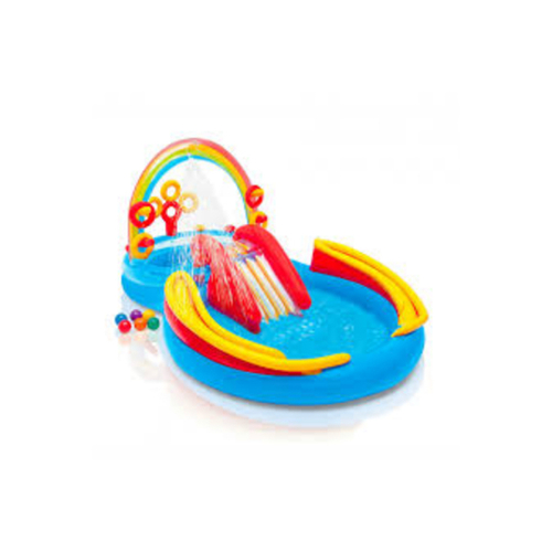 INTEX RAINBOW RING PLAY CENTER - WATER SPRAYER TO KEEP KIDS COOL IN THE SUMMER 
- INCLUDES WATERSLIDE, RAILS FOR BALLS & 6 BALLSط   - SIZE: 297*193*135 CM