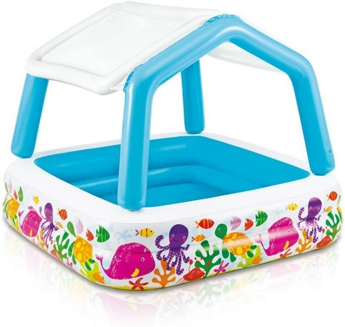 INTEX SUNSHADE POOL 1.57MX1.57MX1.22M - Splash and play and keep cool in the shade with this fun Intex Sun Shade Pool! The wide side walls and the extra-wide sun shade allows for maximum play in shady comfort.Water Capacity: 78 gal (8.5in of wall height) Built with 10ga vinyl Approximate inflated size: 62in L X 62in W X 48in H