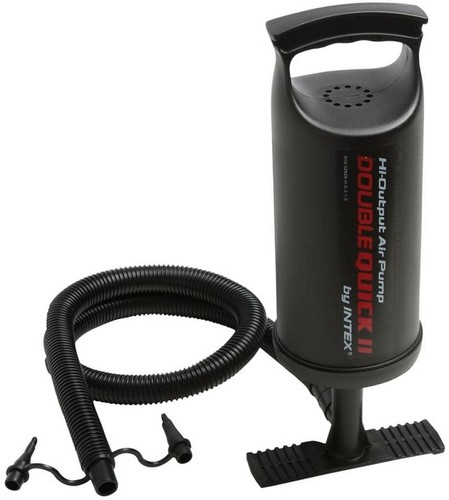 INTEX HI OUTPUT HAND PUMP - Great for airbeds or other large inflatables, the simple to use Double Quick II Hand Pump is the perfect accessory for inflating and deflating with ease. Designed to pump air on both up and down strokes, this double action pump maximizes airflow, making inflating fast and simple. This hand pump includes 3 interconnecting nozzles with hoses to inflate or deflate different types of inflatables.