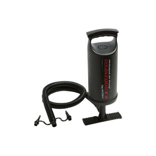 INTEX HI OUTPUT HAND PUMP - Great for airbeds or other large inflatables, the simple to use Double Quick II Hand Pump is the perfect accessory for inflating and deflating with ease. Designed to pump air on both up and down strokes, this double action pump maximizes airflow, making inflating fast and simple. This hand pump includes 3 interconnecting nozzles with hoses to inflate or deflate different types of inflatables.