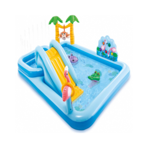 Toys Castle  - INTEX JUNGLE ADVENTURE PLAY CENTER - WATER SPRAYER TO KEEP KIDS COOL IN THE SUMMER
- INCLUDES WATERSLIDE, RAILS FOR BALLS & 6 BALLS

- SIZE: 244 x 198 x 71 cm