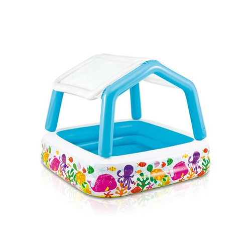 Toys Castle  - INTEX SUNSHADE POOL 1.57MX1.57MX1.22M - Splash and play and keep cool in the shade with this fun Intex Sun Shade Pool! The wide side walls and the extra-wide sun shade allows for maximum play in shady comfort.Water Capacity: 78 gal (8.5in of wall height) Built with 10ga vinyl Approximate inflated size: 62in L X 62in W X 48in H