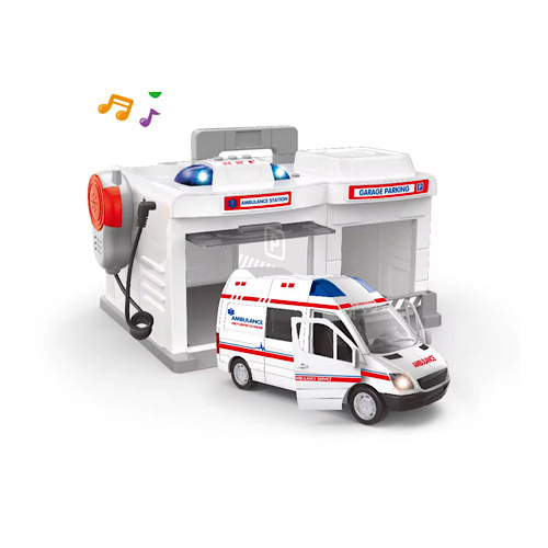 Ambulance Garage Set - Bring rescue missions to life! This exciting ambulance garage set comes with realistic lights, sounds, and a working microphone — making kids feel like real heroes saving lives. Perfect for imaginative play and hours of fun!
