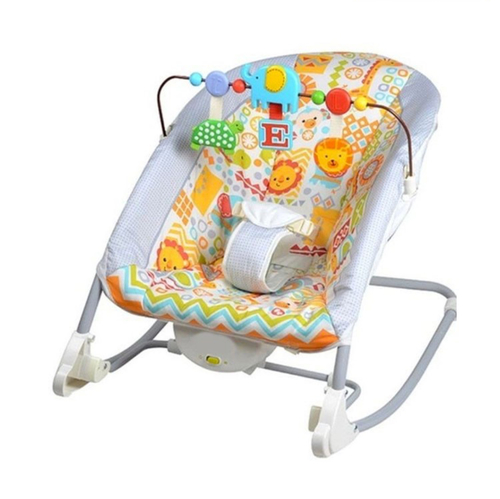 Baby Bouncer - A comfortable baby bouncer equipped with colorful hanging toys that help entertain the baby and stimulate their senses. It features a soft, secure design with a safety harness to keep the baby comfortable and supported while resting or playing.